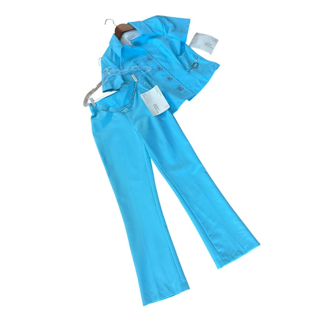 AMAZING Vintage Y2K XOXO 2 Piece Suit Pant Jacket NWT 70's Sky Blue Chain Belt